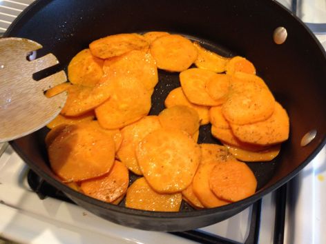 Saute sweet potatoes until their color deepens and they become semi-translucent. 